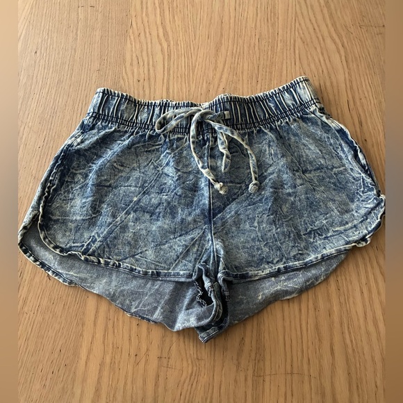 Vibrant Acid Wash Blue Booty Denim Style Cotton Draw String Shorts S - Picture 2 of 12